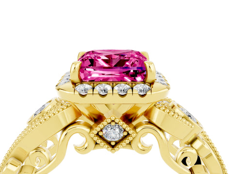 Yellow gold Princess Cut Pink Sapphire Halo Ring with Milgrain Pavé Band and Four-Prong Setting_16