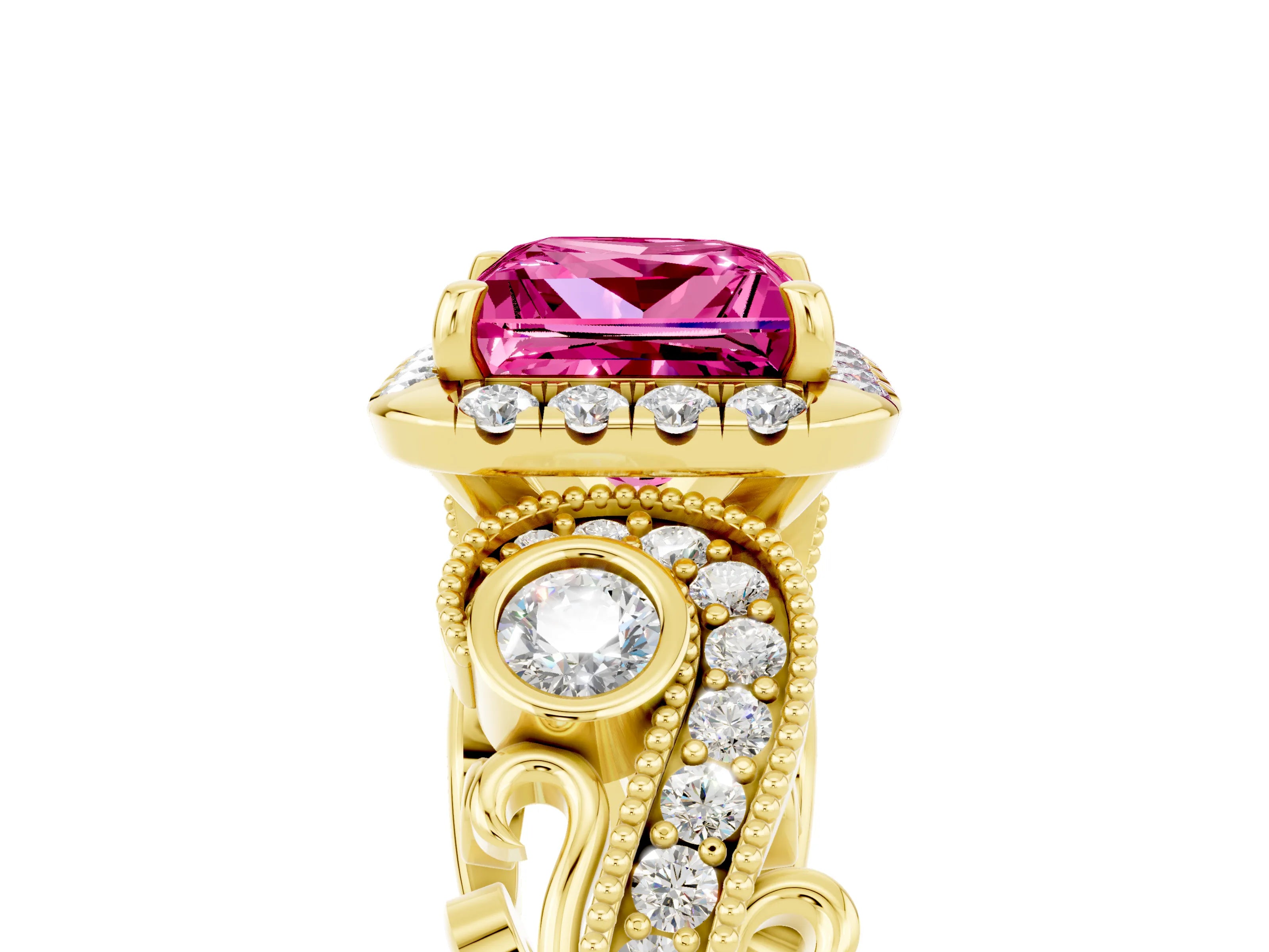 Yellow gold Princess Cut Pink Sapphire Halo Ring with Milgrain Pavé Band and Four-Prong Setting_17