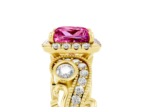 Yellow gold Princess Cut Pink Sapphire Halo Ring with Milgrain Pavé Band and Four-Prong Setting_17