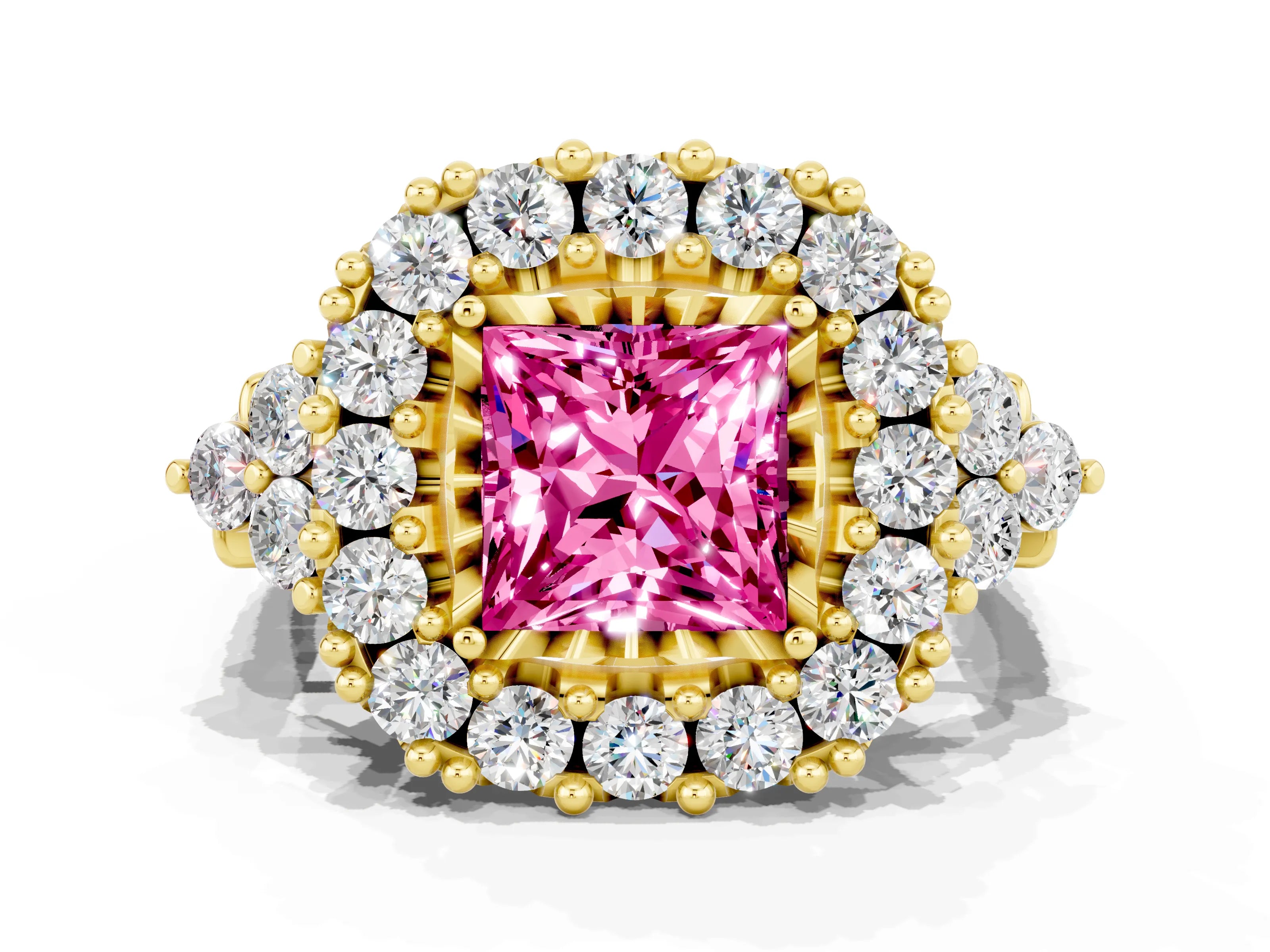 Yellow gold Princess Cut Pink Sapphire Halo Ring with Pavé Band and Four-Prong Setting_12