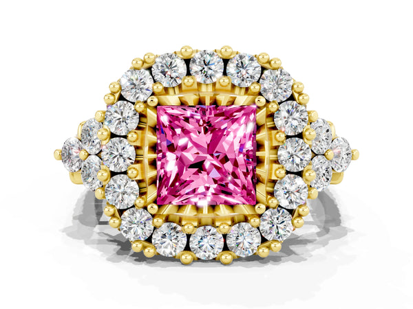 Yellow gold Princess Cut Pink Sapphire Halo Ring with Pavé Band and Four-Prong Setting