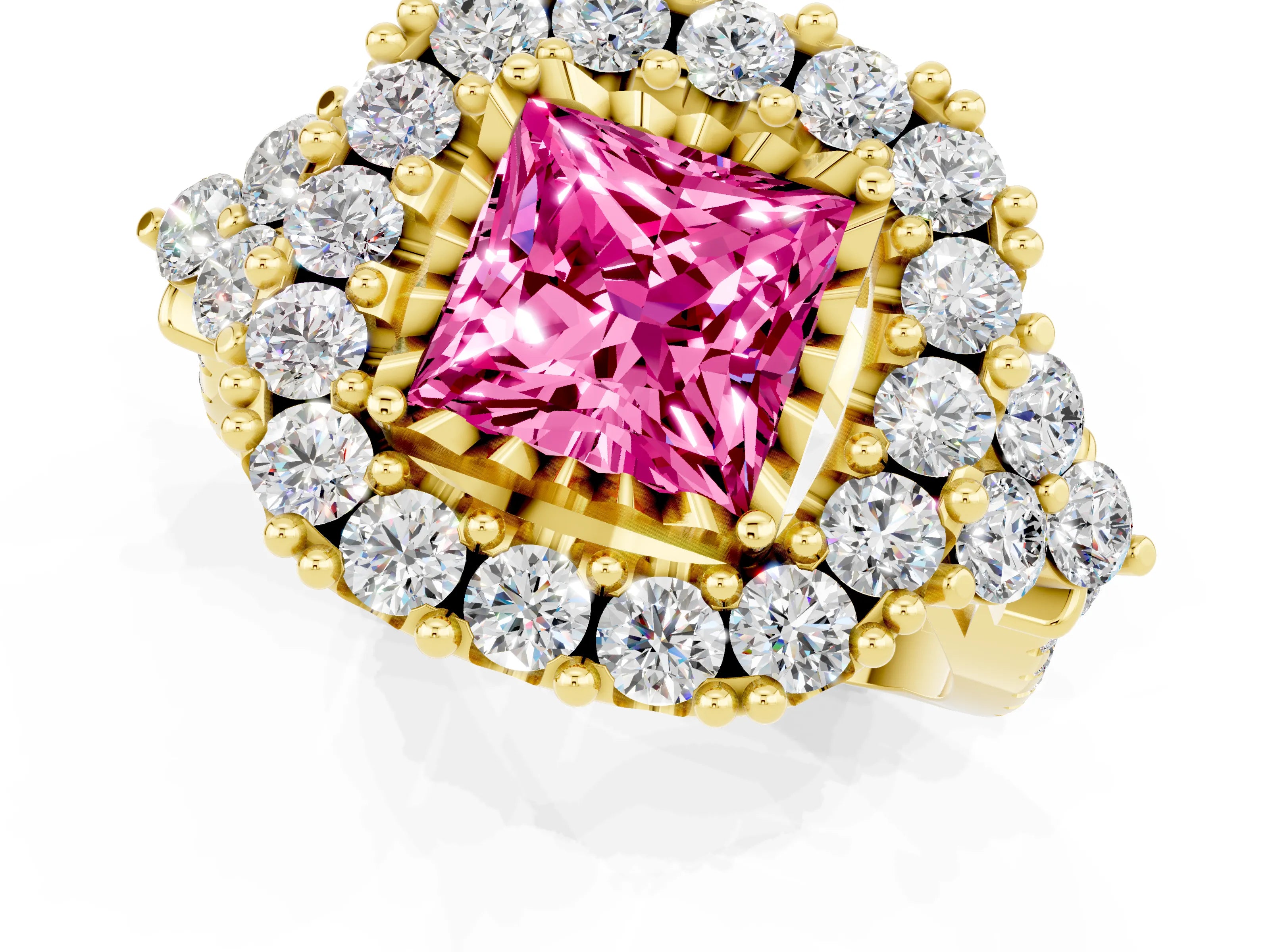 Yellow gold Princess Cut Pink Sapphire Halo Ring with Pavé Band and Four-Prong Setting_13
