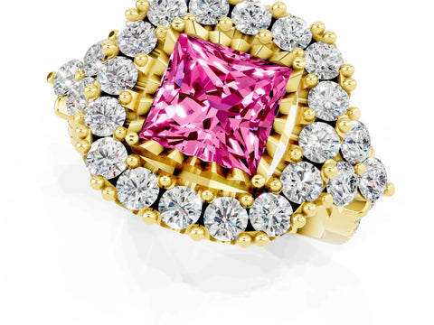 Yellow gold Princess Cut Pink Sapphire Halo Ring with Pavé Band and Four-Prong Setting_13