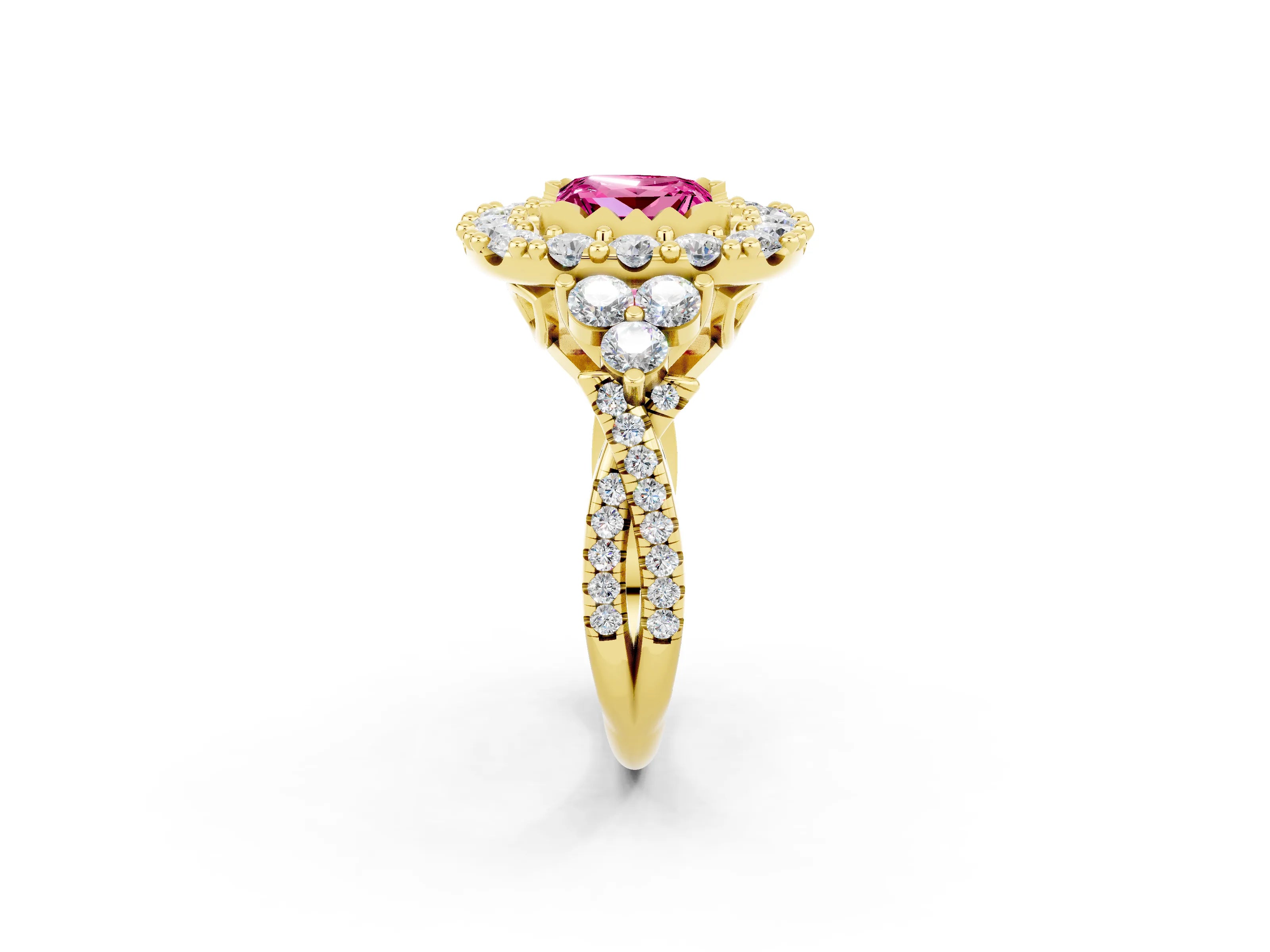 Yellow gold Princess Cut Pink Sapphire Halo Ring with Pavé Band and Four-Prong Setting_14