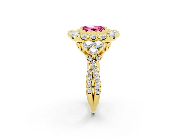 Yellow gold Princess Cut Pink Sapphire Halo Ring with Pavé Band and Four-Prong Setting