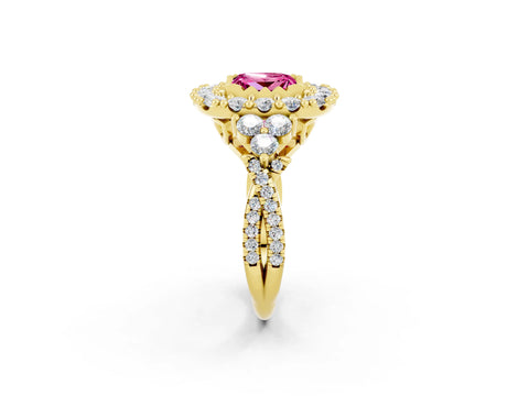 Yellow gold Princess Cut Pink Sapphire Halo Ring with Pavé Band and Four-Prong Setting_14