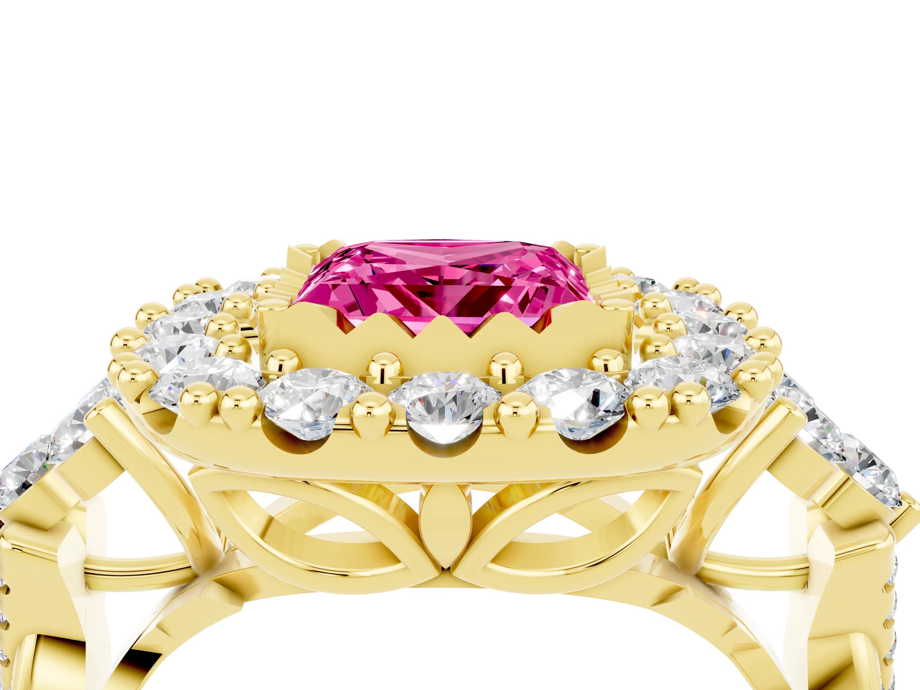 Yellow gold Princess Cut Pink Sapphire Halo Ring with Pavé Band and Four-Prong Setting_16