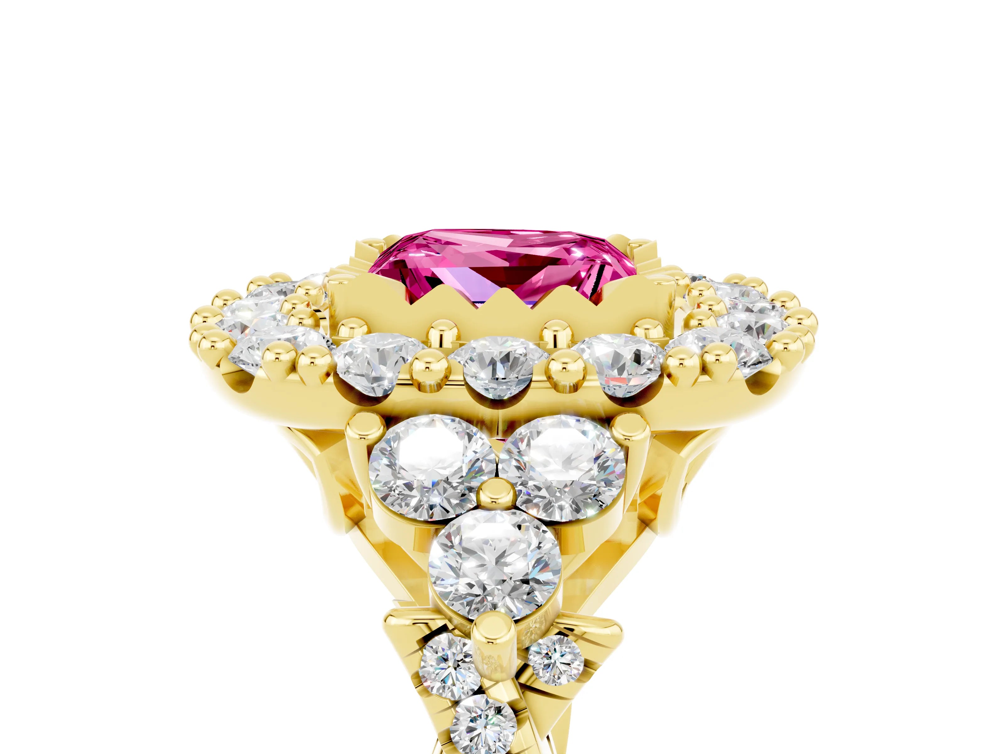 Yellow gold Princess Cut Pink Sapphire Halo Ring with Pavé Band and Four-Prong Setting_17
