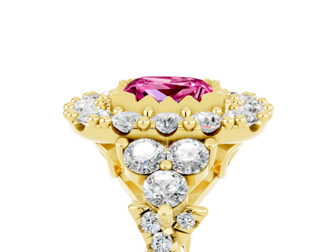 Yellow gold Princess Cut Pink Sapphire Halo Ring with Pavé Band and Four-Prong Setting_17