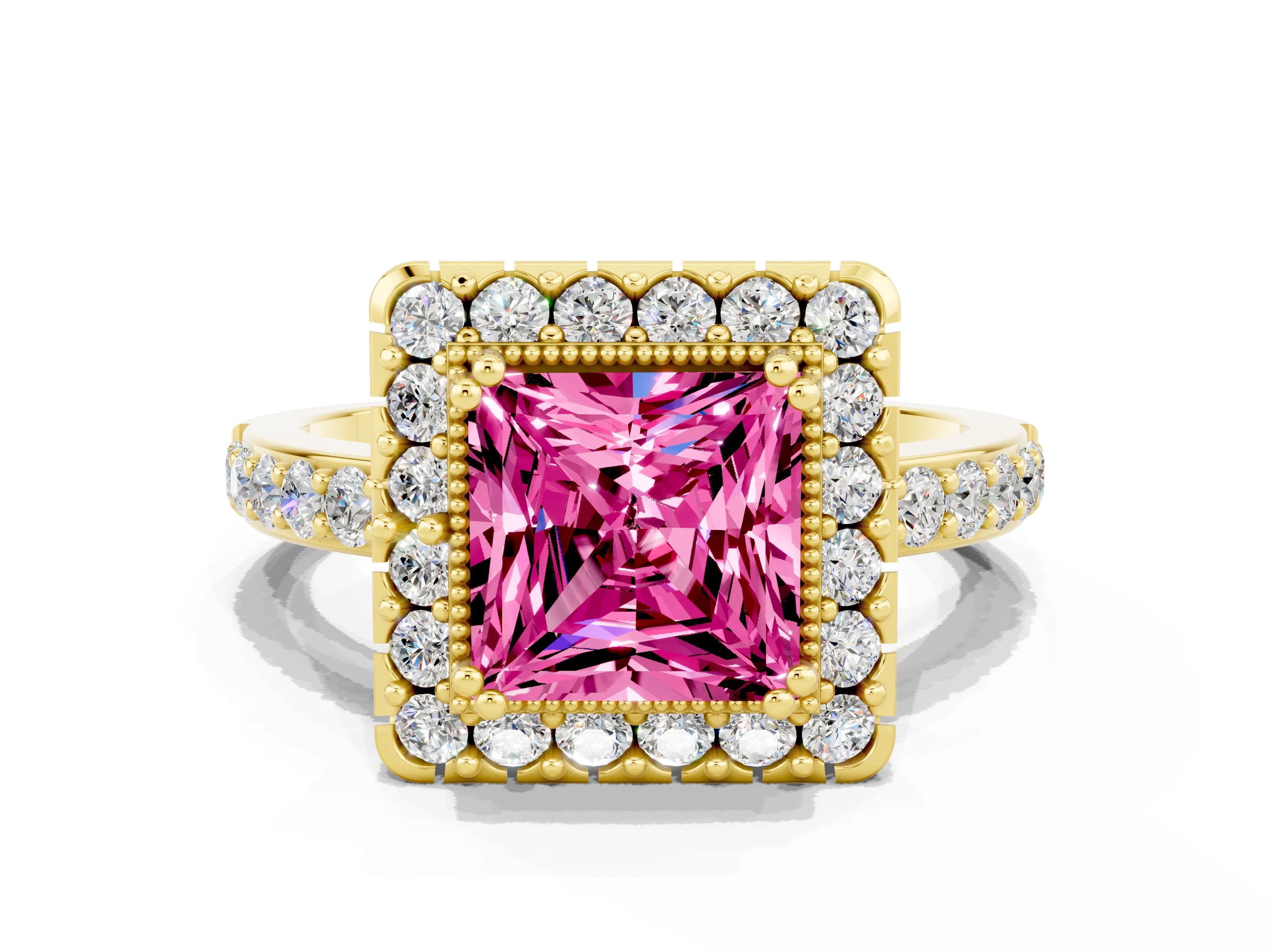 Yellow gold Princess Cut Pink Sapphire Halo Ring with Pavé Band and Prong Setting
