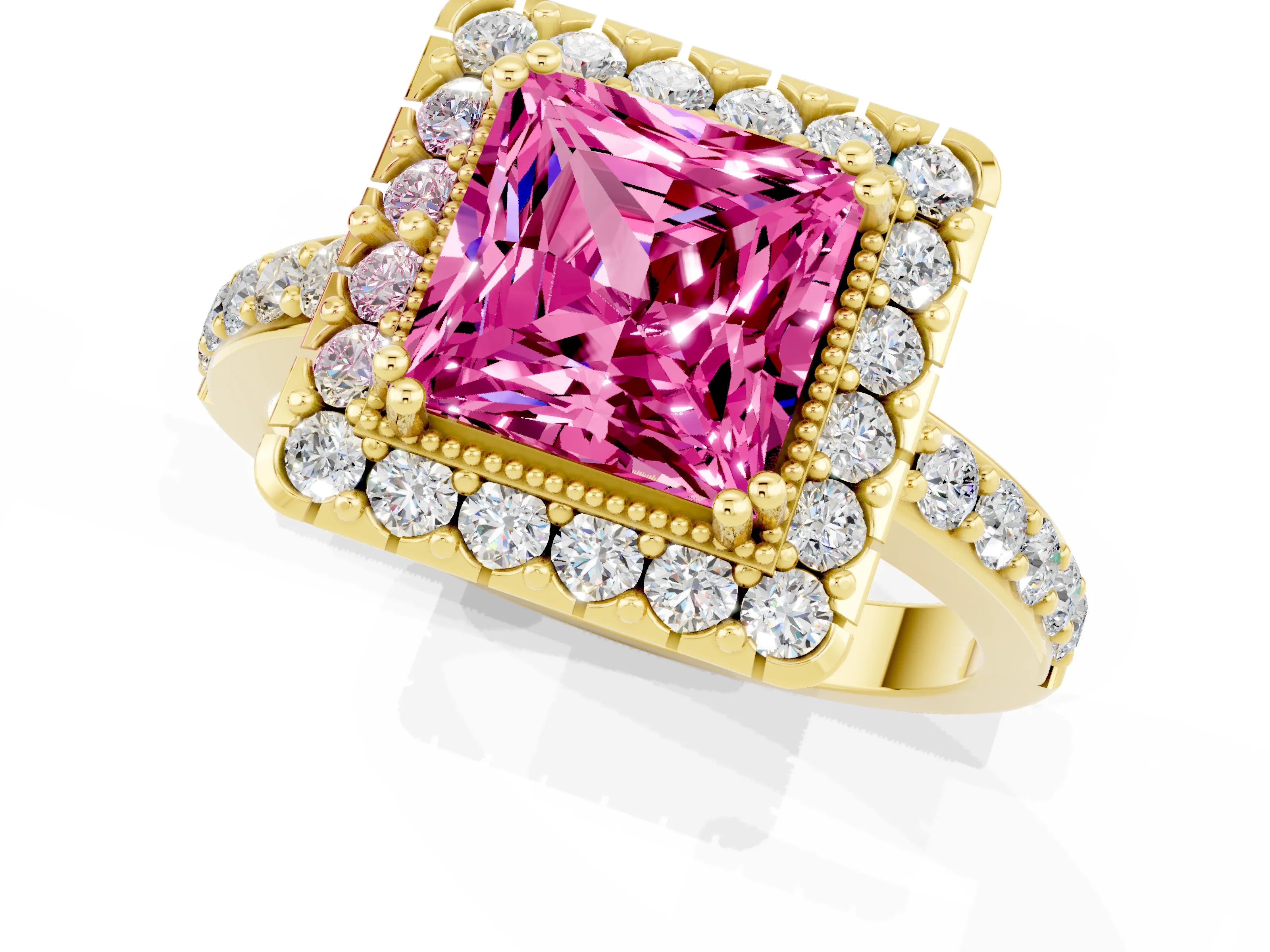 Yellow gold Princess Cut Pink Sapphire Halo Ring with Pavé Band and Prong Setting_1