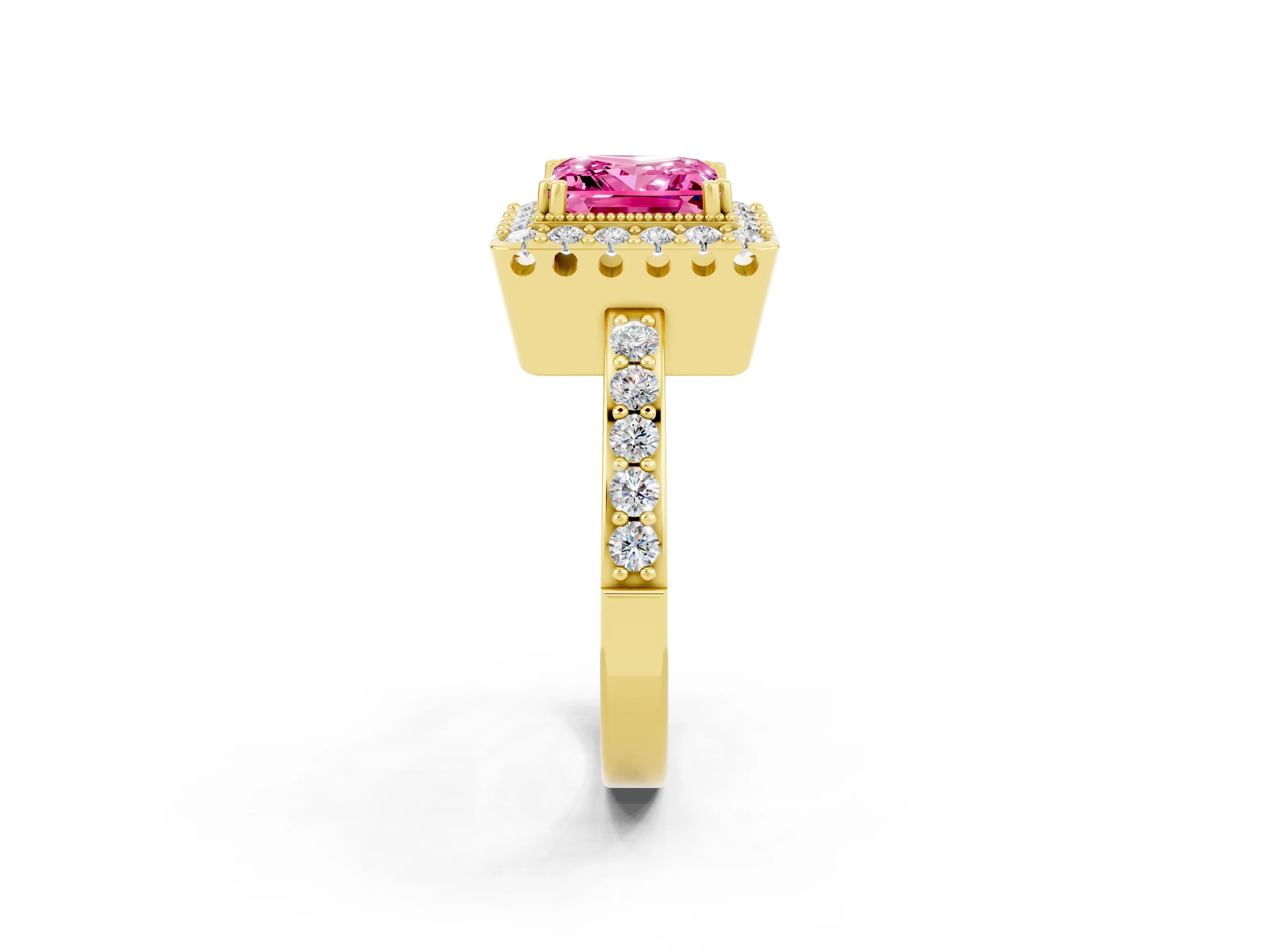 Yellow gold Princess Cut Pink Sapphire Halo Ring with Pavé Band and Prong Setting_2