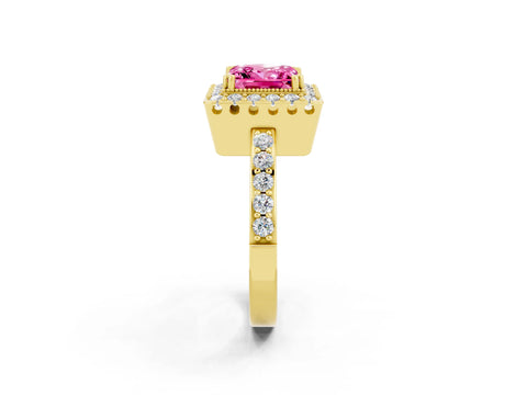 Yellow gold Princess Cut Pink Sapphire Halo Ring with Pavé Band and Prong Setting_2