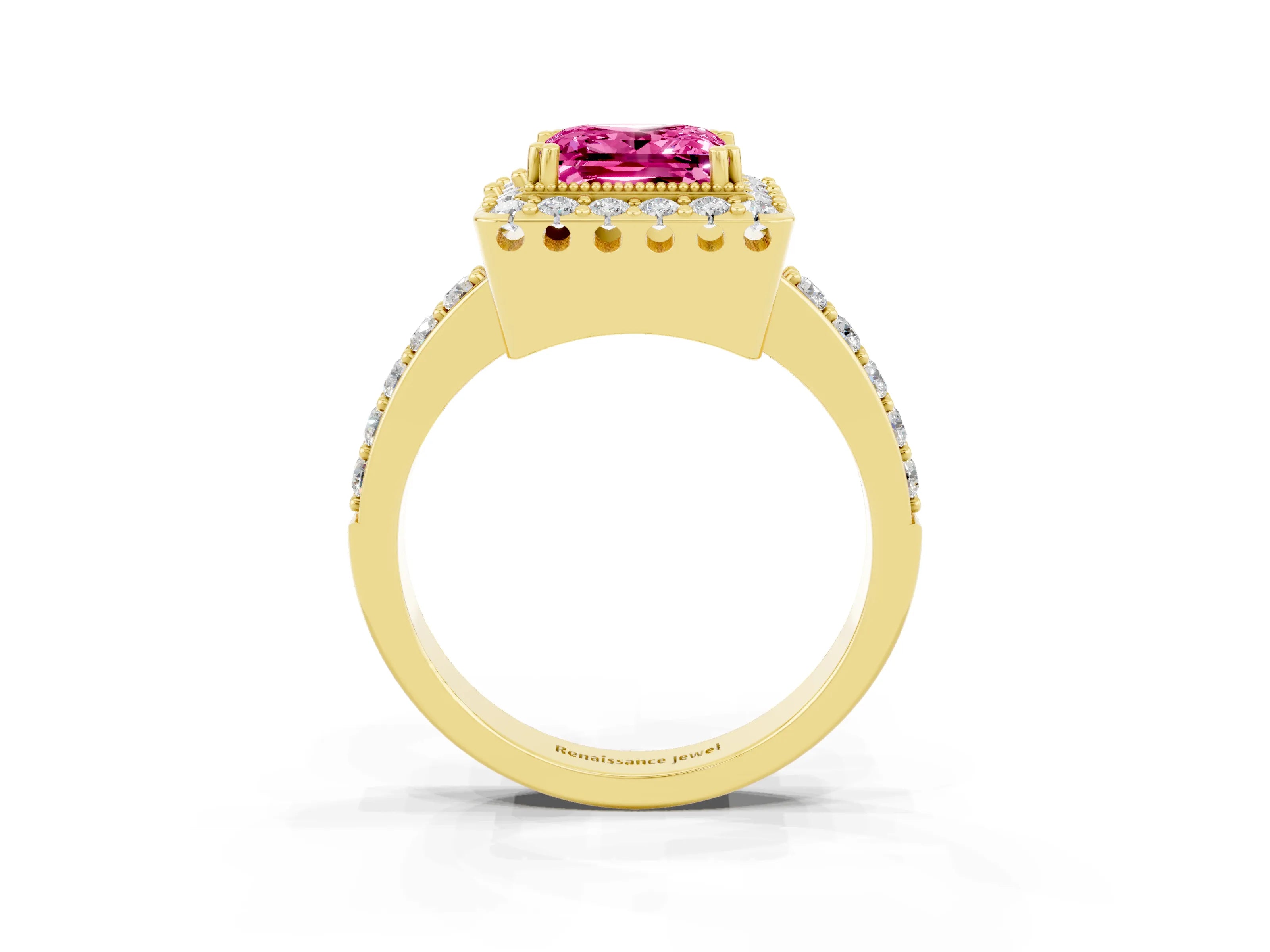 Yellow gold Princess Cut Pink Sapphire Halo Ring with Pavé Band and Prong Setting_3