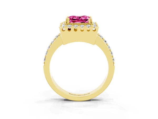 Yellow gold Princess Cut Pink Sapphire Halo Ring with Pavé Band and Prong Setting