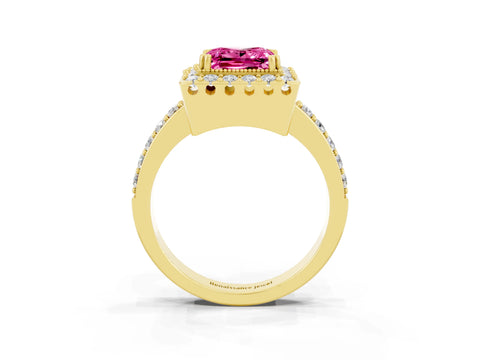 Yellow gold Princess Cut Pink Sapphire Halo Ring with Pavé Band and Prong Setting_3