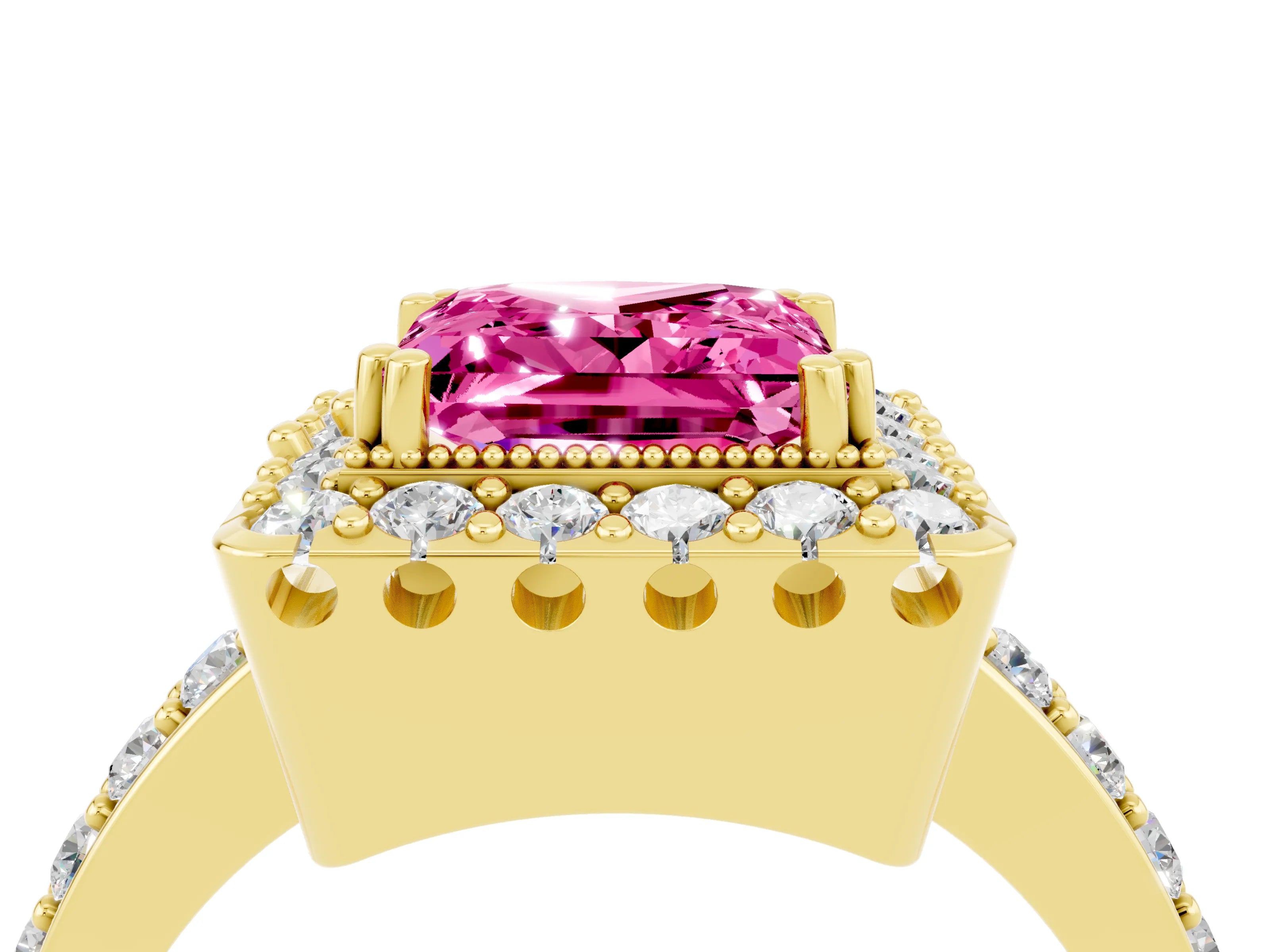 Yellow gold Princess Cut Pink Sapphire Halo Ring with Pavé Band and Prong Setting_4