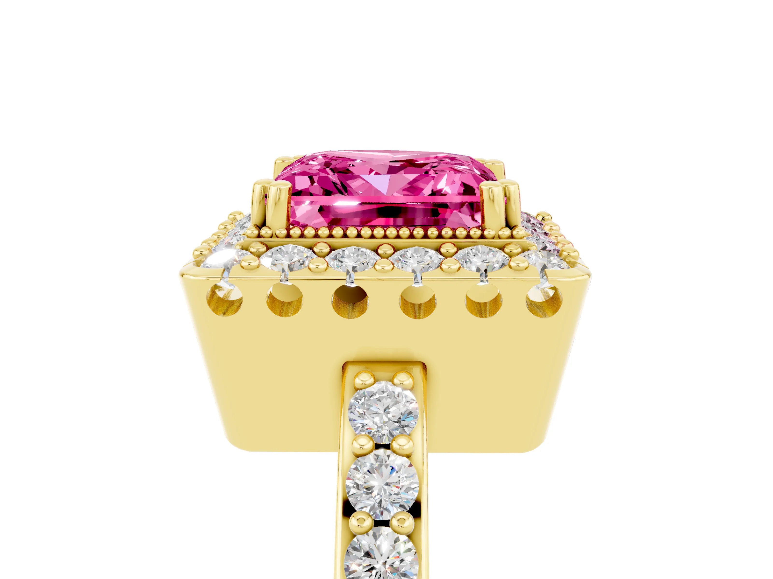 Yellow gold Princess Cut Pink Sapphire Halo Ring with Pavé Band and Prong Setting_5