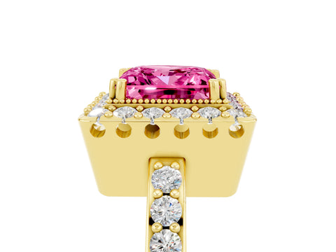 Yellow gold Princess Cut Pink Sapphire Halo Ring with Pavé Band and Prong Setting_5