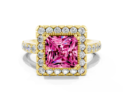 Yellow gold Princess Cut Pink Sapphire Halo Ring with Pavé Band and Prong Setting