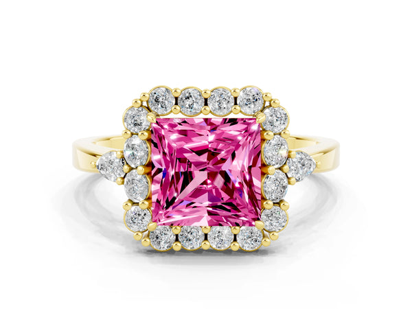 Yellow gold Princess Cut Pink Sapphire Halo Ring with Pear Side Stones and Prong Setting