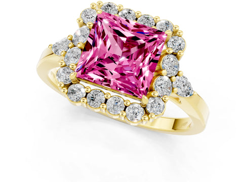 Yellow gold Princess Cut Pink Sapphire Halo Ring with Pear Side Stones and Prong Setting_13