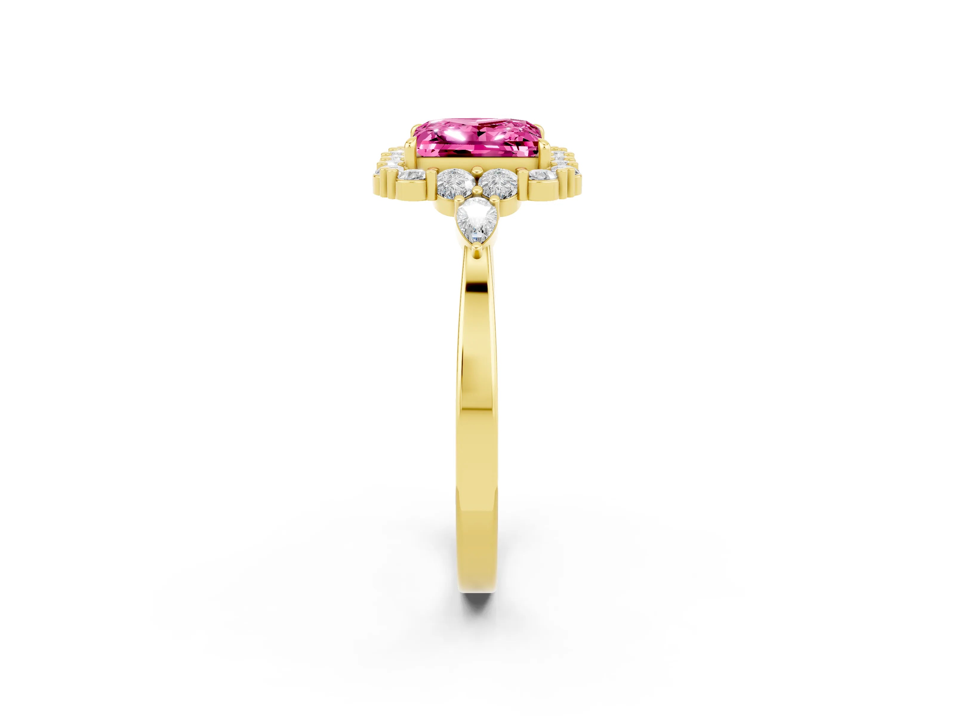 Yellow gold Princess Cut Pink Sapphire Halo Ring with Pear Side Stones and Prong Setting_14
