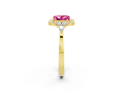 Yellow gold Princess Cut Pink Sapphire Halo Ring with Pear Side Stones and Prong Setting_14