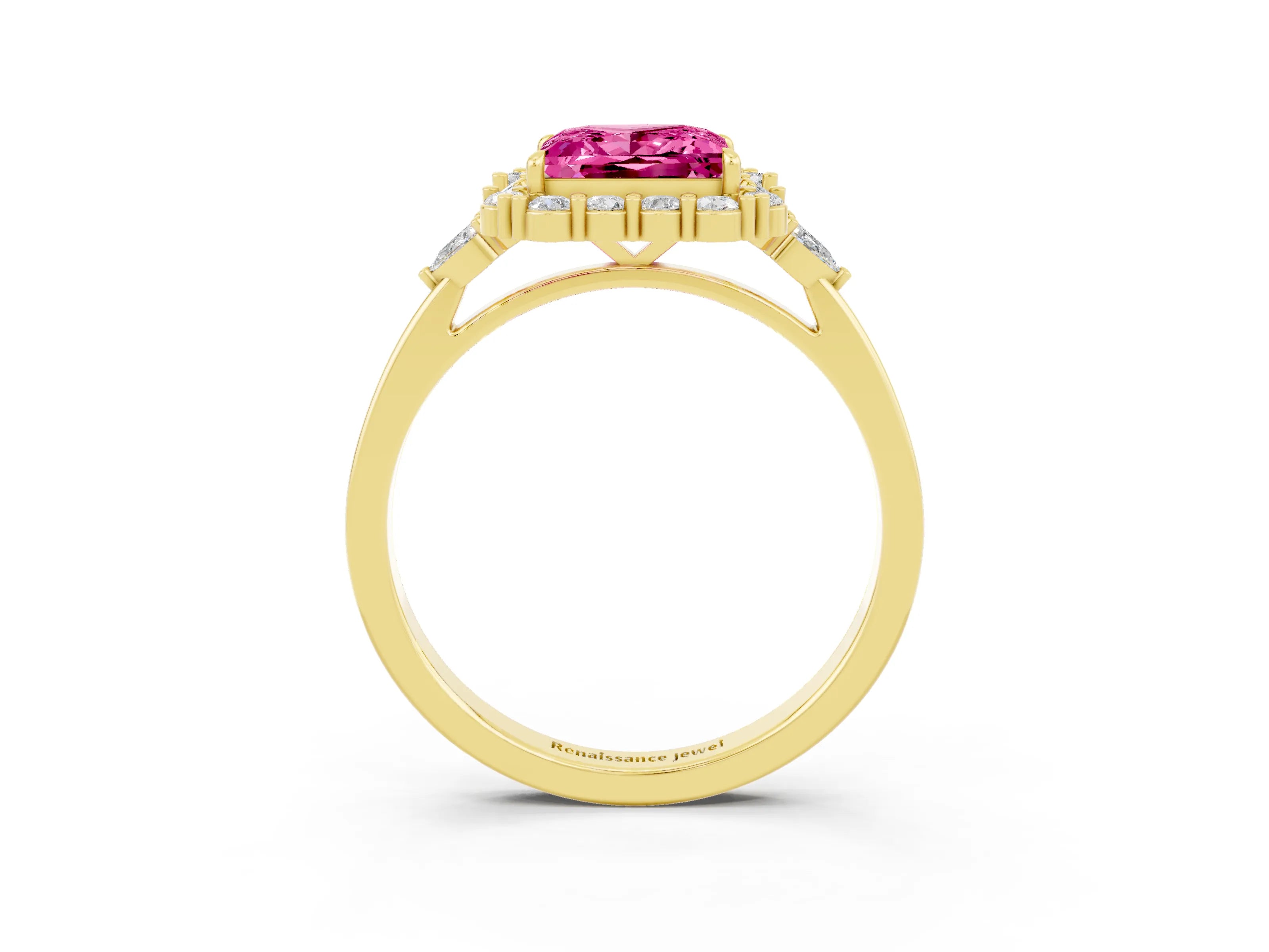Yellow gold Princess Cut Pink Sapphire Halo Ring with Pear Side Stones and Prong Setting_15