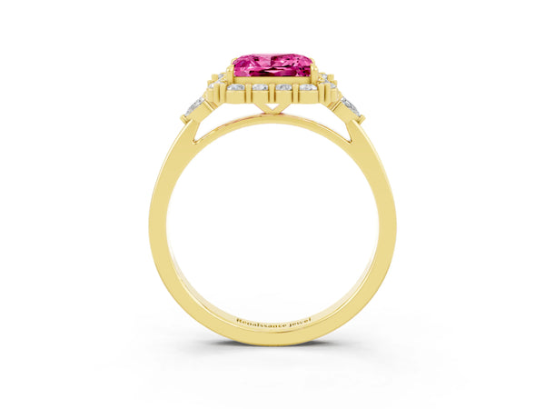Yellow gold Princess Cut Pink Sapphire Halo Ring with Pear Side Stones and Prong Setting
