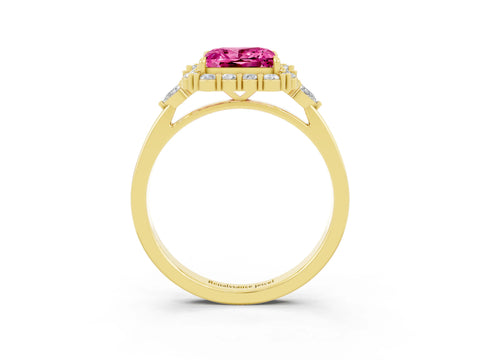 Yellow gold Princess Cut Pink Sapphire Halo Ring with Pear Side Stones and Prong Setting_15