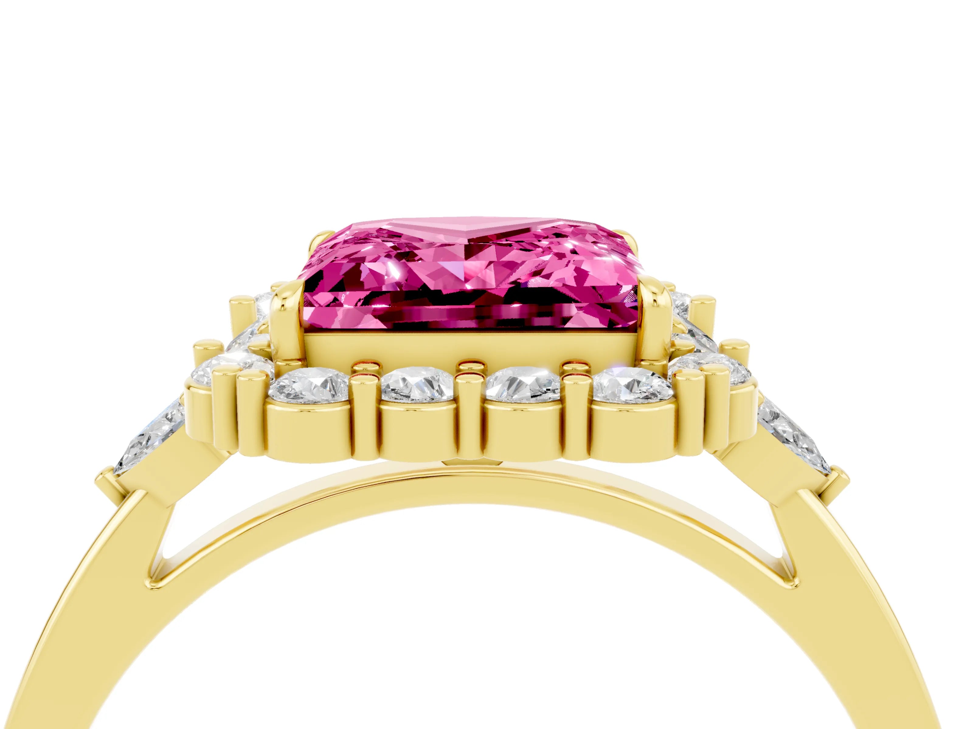 Yellow gold Princess Cut Pink Sapphire Halo Ring with Pear Side Stones and Prong Setting_16