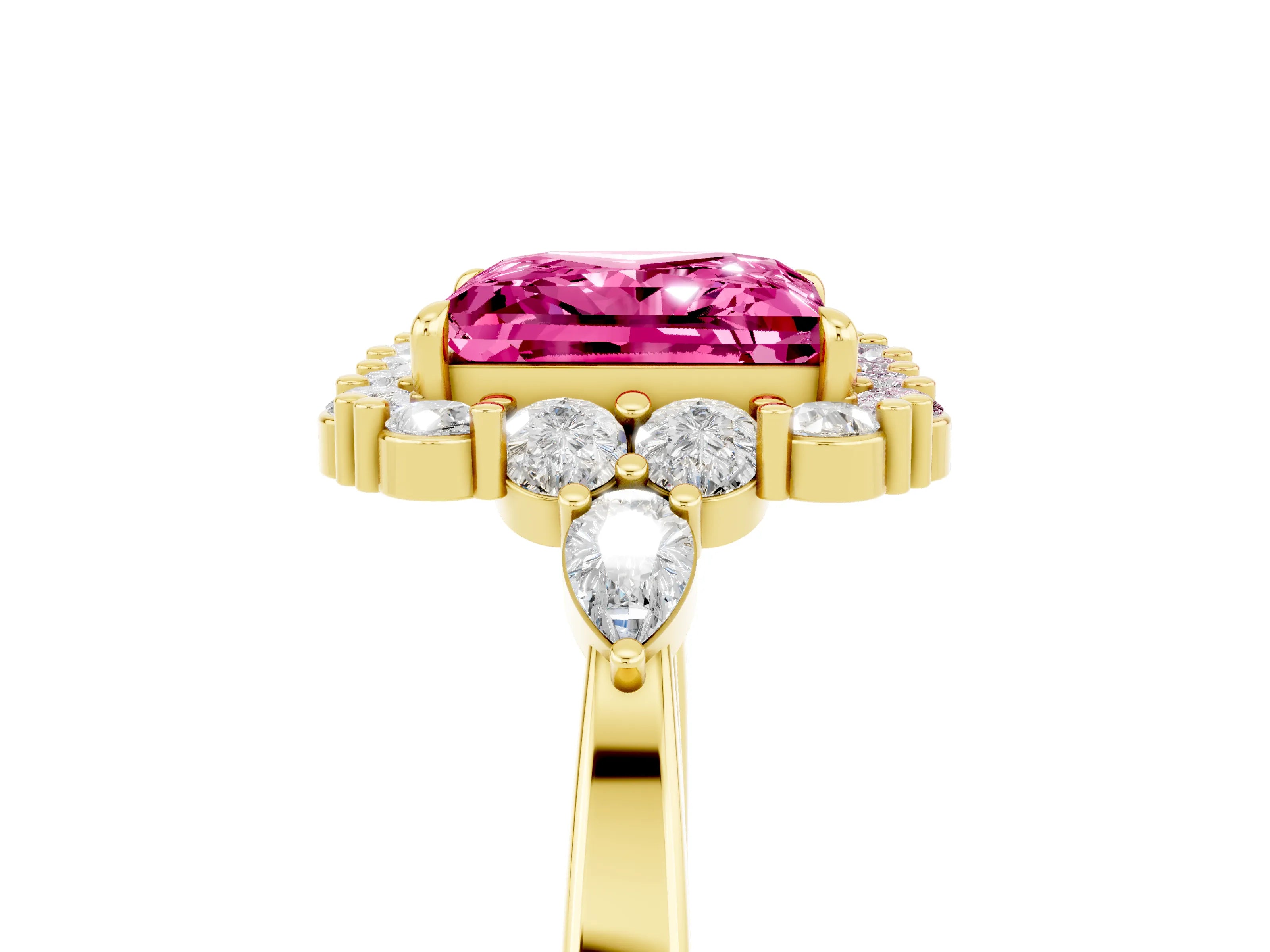 Yellow gold Princess Cut Pink Sapphire Halo Ring with Pear Side Stones and Prong Setting_17