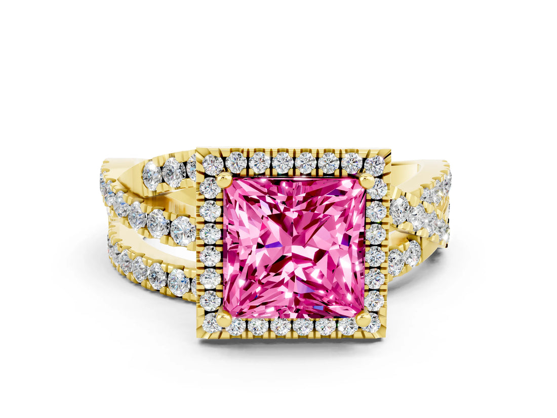 Yellow gold Princess Cut Pink Sapphire Halo Ring with Round Split Shank and Prong Setting_48