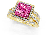 Yellow gold Princess Cut Pink Sapphire Halo Ring with Round Split Shank and Prong Setting_49
