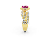 Yellow gold Princess Cut Pink Sapphire Halo Ring with Round Split Shank and Prong Setting_50