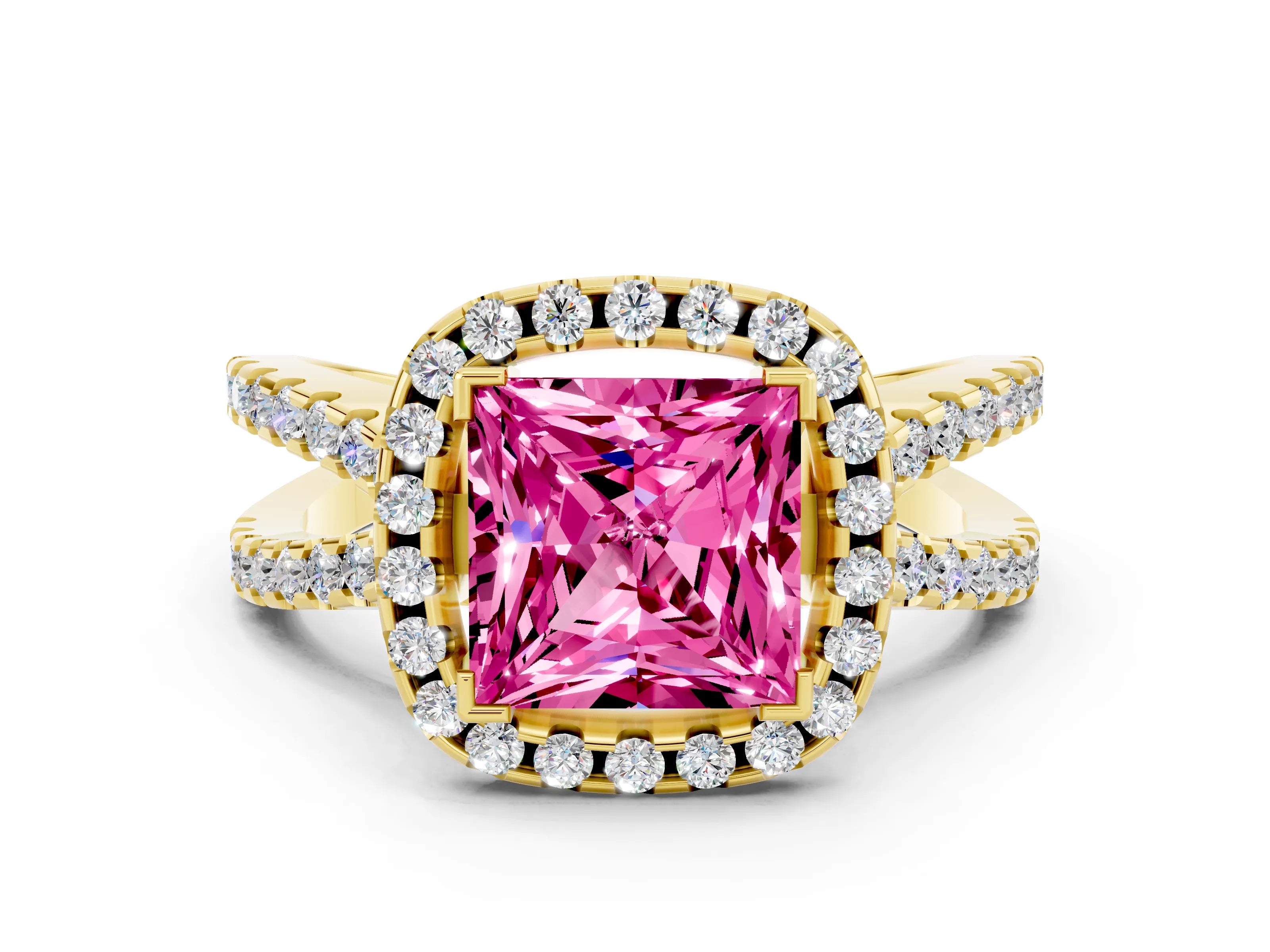 Yellow gold Princess Cut Pink Sapphire Halo Ring with Split Shank Pavé Band and Prong Setting_12