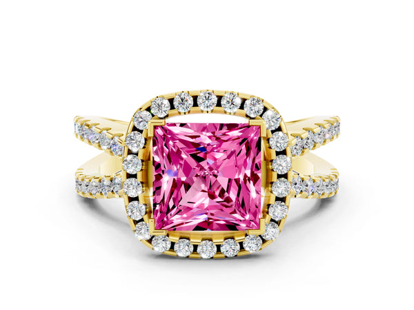 Yellow gold Princess Cut Pink Sapphire Halo Ring with Split Shank Pavé Band and Prong Setting
