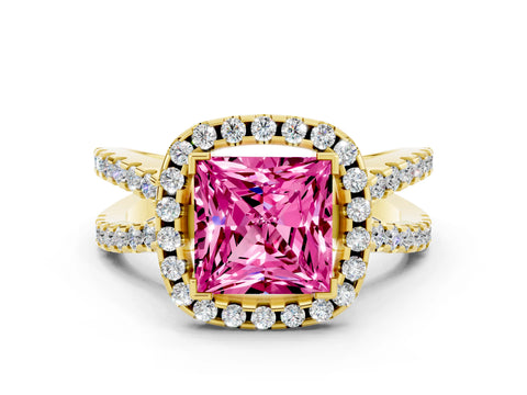 Yellow gold Princess Cut Pink Sapphire Halo Ring with Split Shank Pavé Band and Prong Setting_12