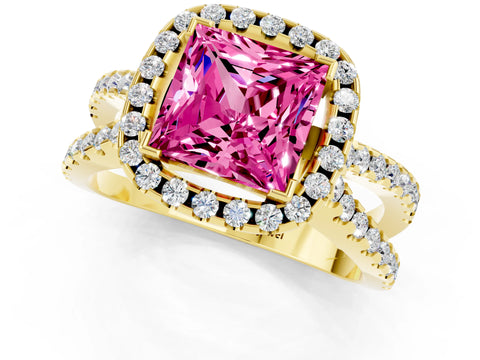 Yellow gold Princess Cut Pink Sapphire Halo Ring with Split Shank Pavé Band and Prong Setting_13