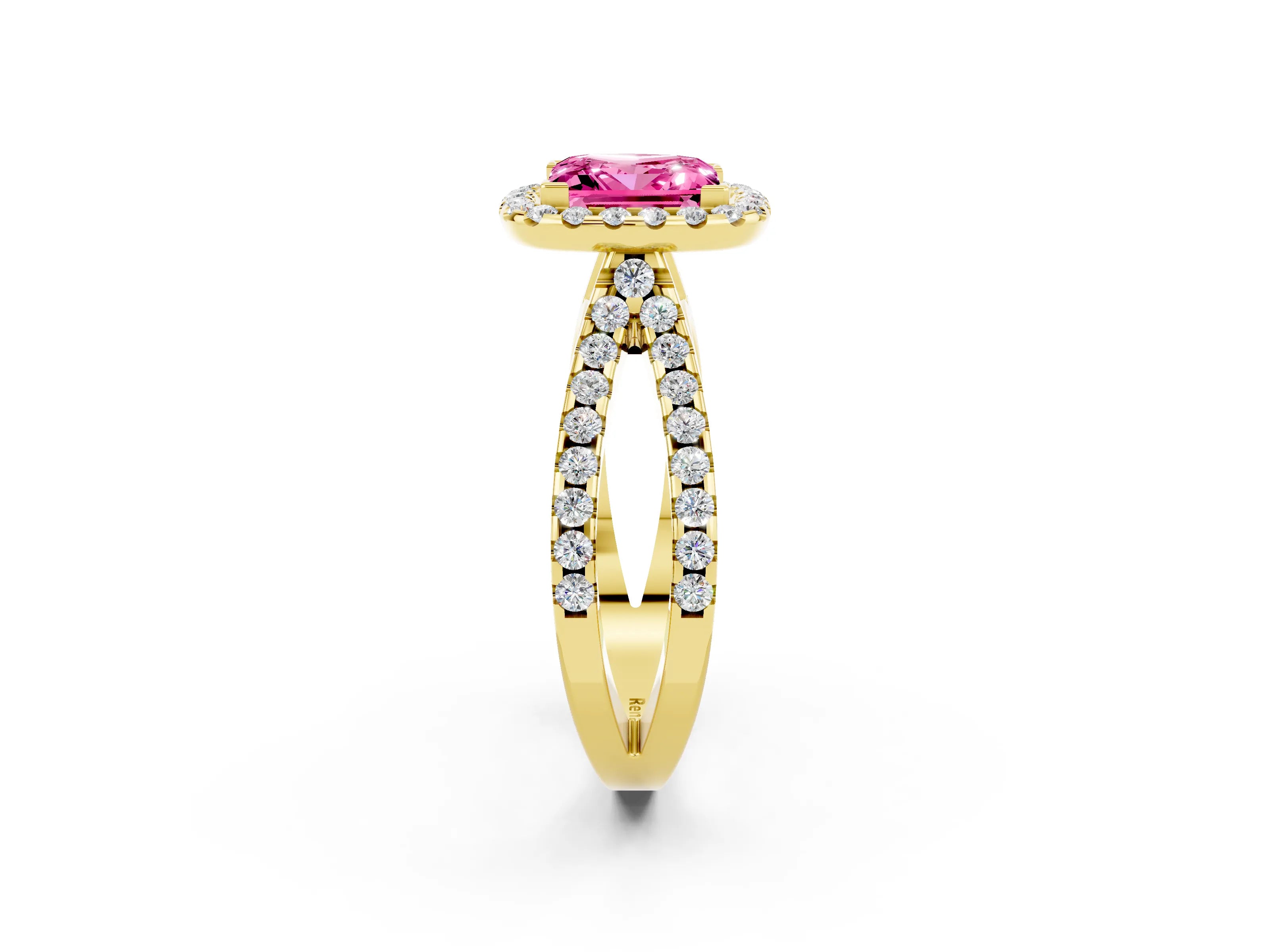 Yellow gold Princess Cut Pink Sapphire Halo Ring with Split Shank Pavé Band and Prong Setting_14