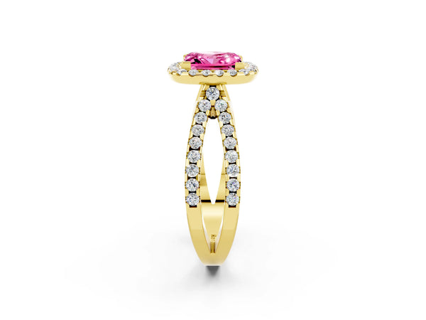 Yellow gold Princess Cut Pink Sapphire Halo Ring with Split Shank Pavé Band and Prong Setting