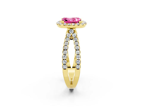 Yellow gold Princess Cut Pink Sapphire Halo Ring with Split Shank Pavé Band and Prong Setting_14