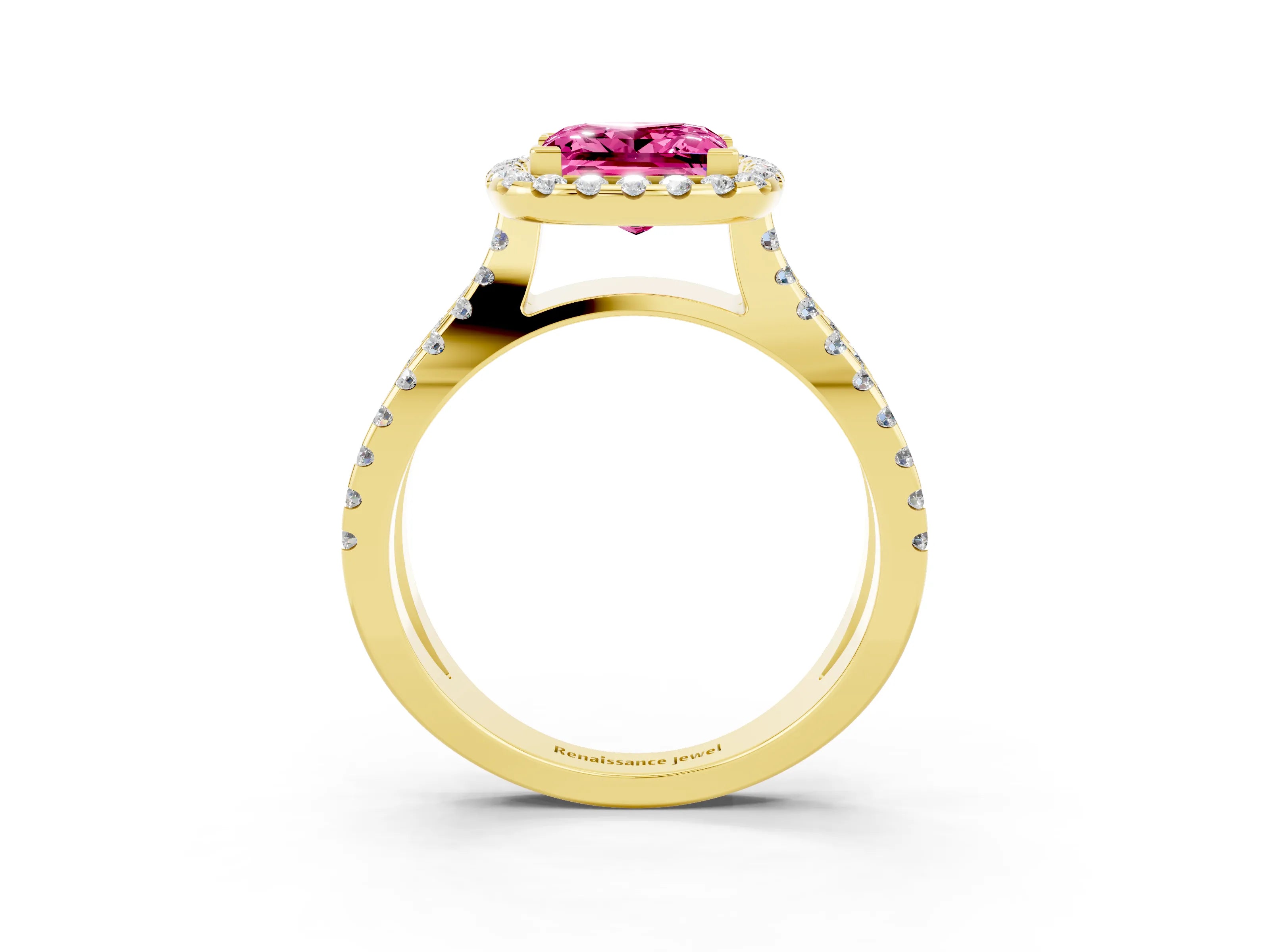 Yellow gold Princess Cut Pink Sapphire Halo Ring with Split Shank Pavé Band and Prong Setting_15