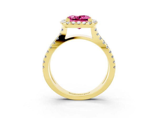 Yellow gold Princess Cut Pink Sapphire Halo Ring with Split Shank Pavé Band and Prong Setting