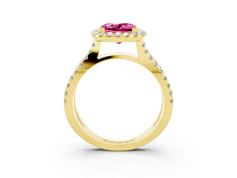 Yellow gold Princess Cut Pink Sapphire Halo Ring with Split Shank Pavé Band and Prong Setting_15