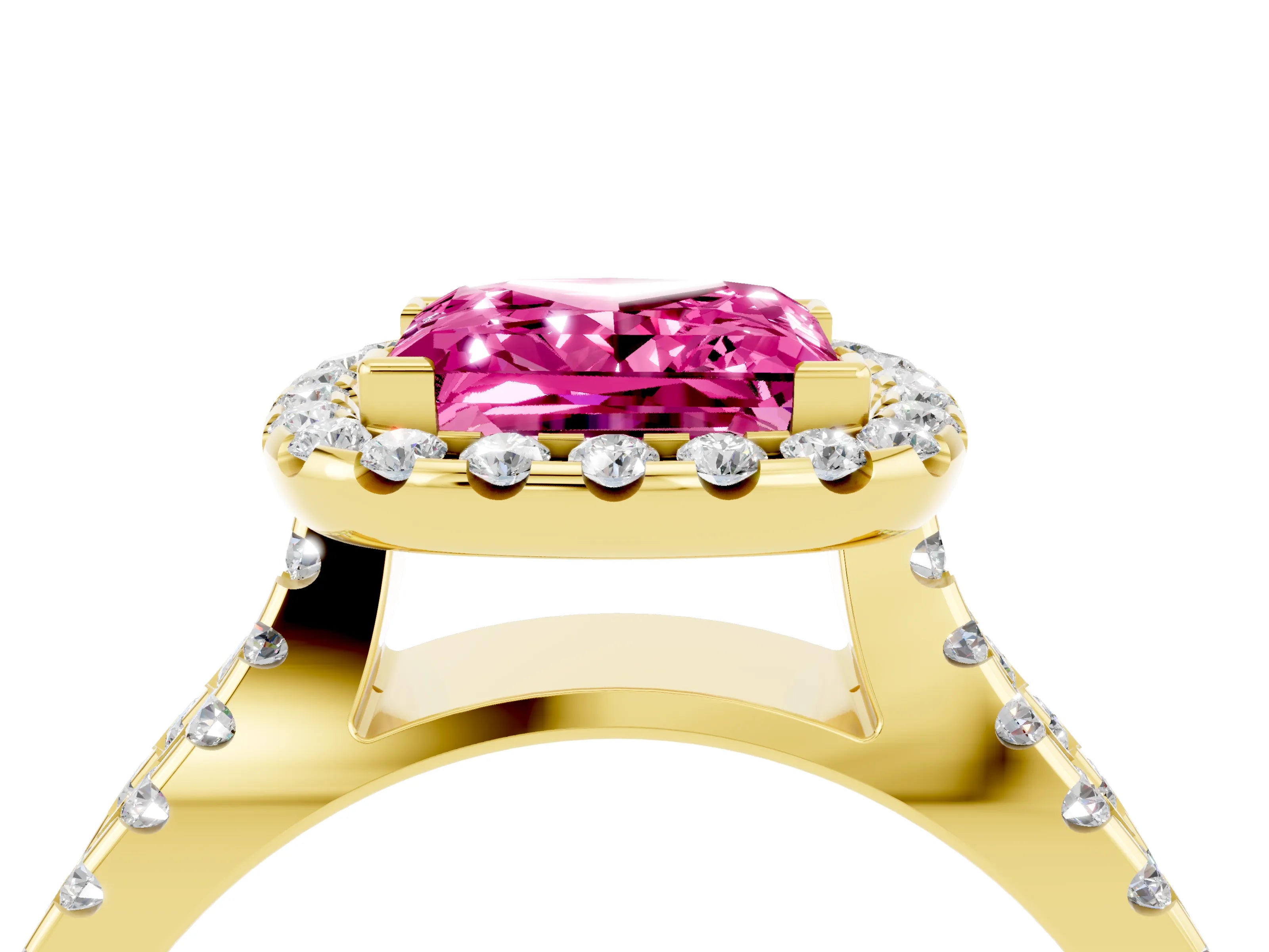 Yellow gold Princess Cut Pink Sapphire Halo Ring with Split Shank Pavé Band and Prong Setting_16