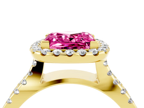 Yellow gold Princess Cut Pink Sapphire Halo Ring with Split Shank Pavé Band and Prong Setting_16