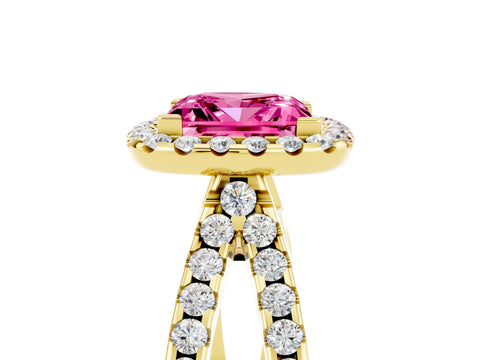 Yellow gold Princess Cut Pink Sapphire Halo Ring with Split Shank Pavé Band and Prong Setting_17