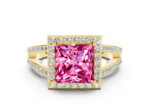 Yellow gold Princess Cut Pink Sapphire Halo Ring with Split Shank U-Prong Band and Four-Prong Setting